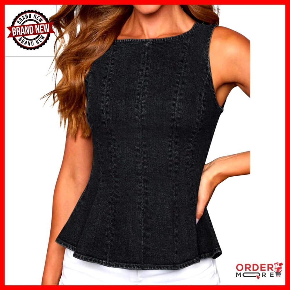 Denim Peplum Tank Top, Stretch Sleeveless Blouse with Back Zipper